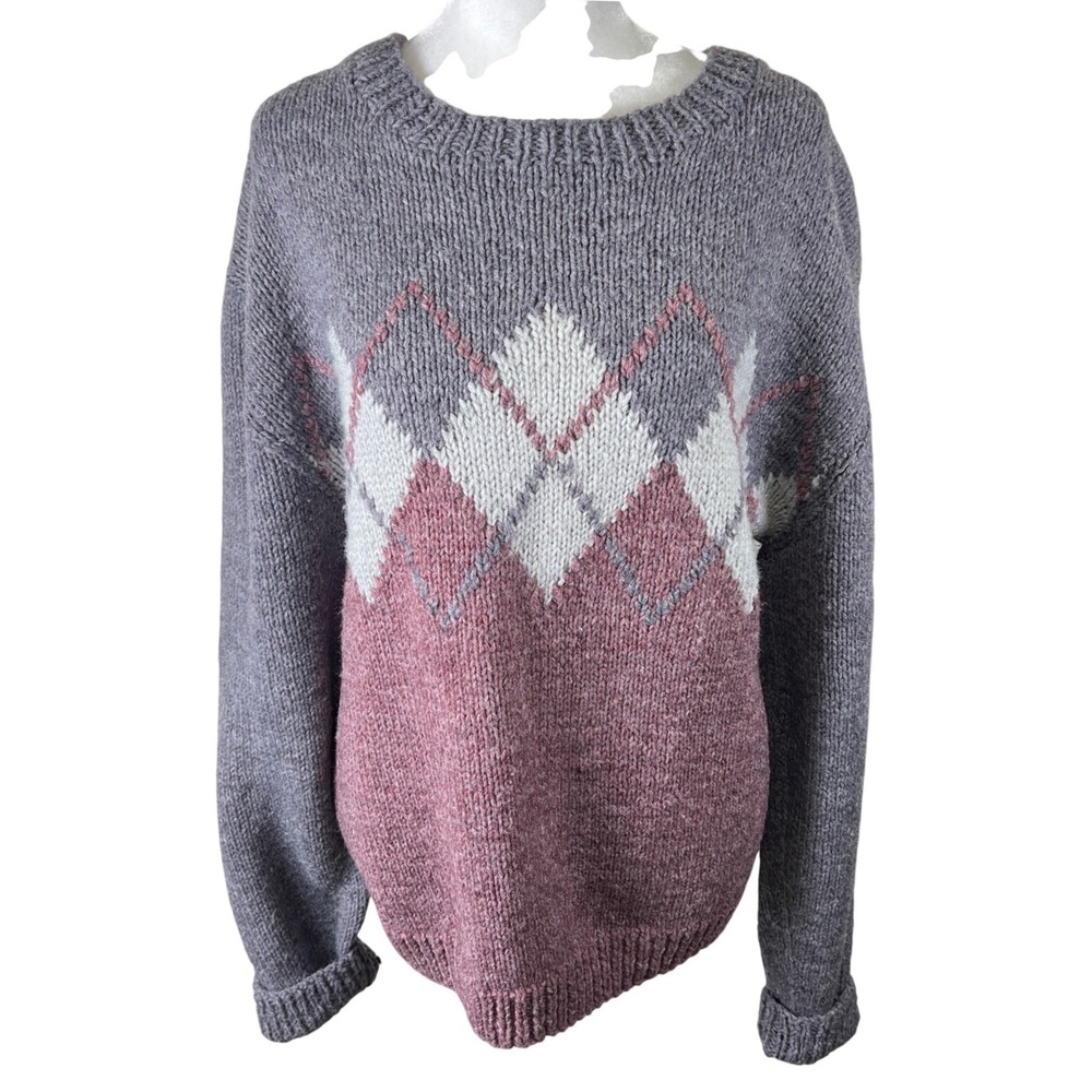 Handmade‎ Argyle Chunky Knit Sweater Grey Pink Oversized Crewneck Pullover L/XL